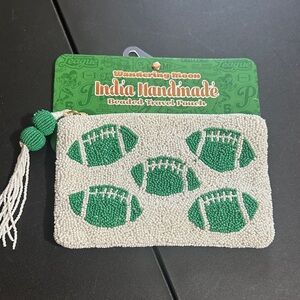 Wandering moon, green and white football beaded pouch